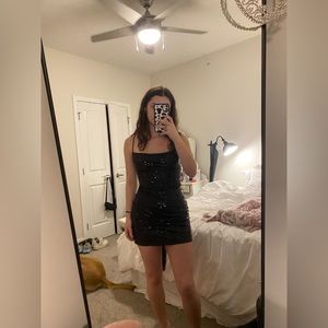 Cowl Neck Black Sequin Dress
